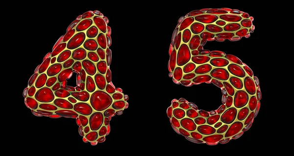 Number set 4, 5 made of realistic 3d render golden shining metallic. Collection of gold shining metallic with red color glass symbol
