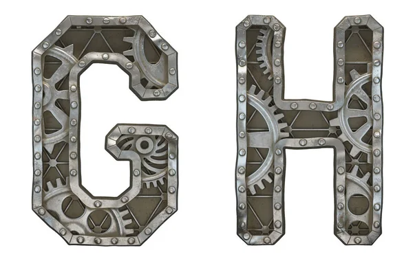 Set of mechanical alphabet made from rivet metal with gears on white background. Letters G and H. 3D