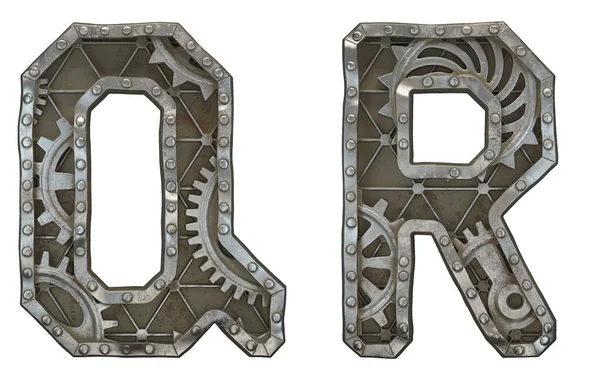 Set of mechanical alphabet made from rivet metal with gears on white background. Letters Q and R. 3D