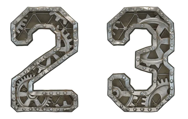 Set of mechanical alphabet made from rivet metal with gears on white background. Numbers 2, 3. 3D