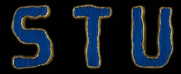 Set of alphabet letters S, T, U made of industrial metal blue color. Isolated black background. 3d