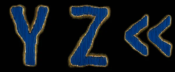 Set of alphabet letters Y, Z and symbol quotation marks made of industrial metal blue color. Isolated black background. 3d