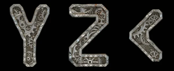 Mechanical alphabet made from rivet metal with gears on black background. Set of letters Y, Z and symbol left angle bracket. 3D