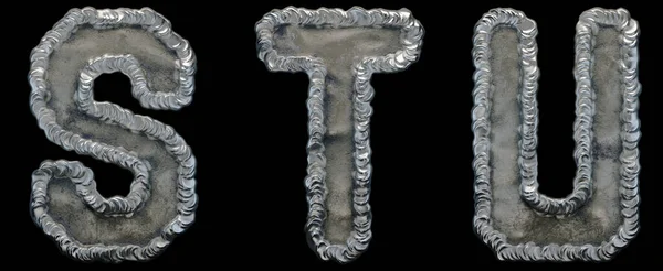 Set of capital letters S, T, U made of industrial metal isolated on black background. 3d
