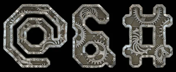 Mechanical alphabet made from rivet metal with gears on black background. Set of symbols at, ampersand and hash. 3D