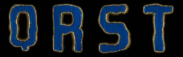 Set of alphabet letters Q, R, S, T made of industrial metal blue color. Isolated black background. 3d