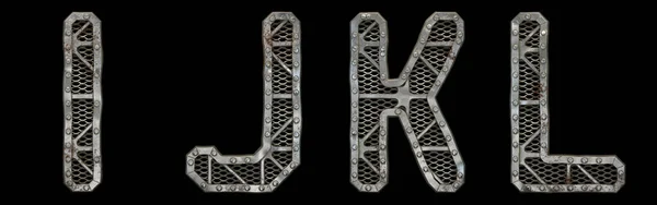 Mechanical alphabet made from rivet metal with gears on black background. Set of letters I, J, K, L. 3D