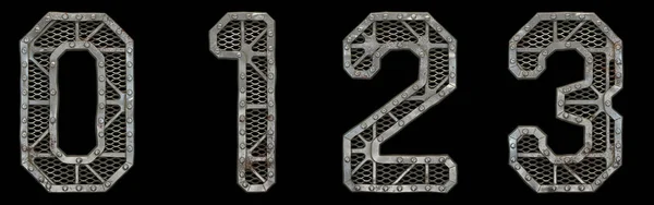 Mechanical alphabet made from rivet metal with gears on black background. Set of numbers 0, 1, 2, 3. 3D