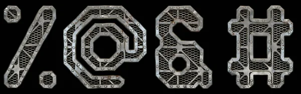 Mechanical alphabet made from rivet metal with gears on black background. Set of symbols percent, at, ampersand and hash. 3D