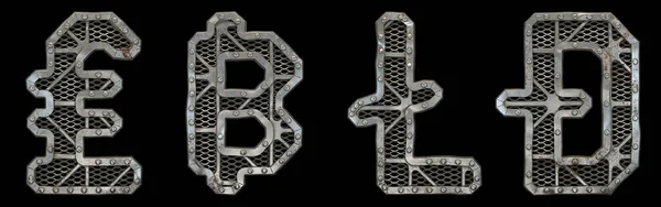Mechanical alphabet made from rivet metal with gears on black background. Set of symbols lira, baht, litecoin, dashcoin. 3D