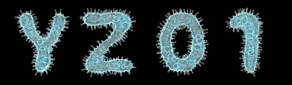 Set of letters made of virus isolated on black background. Capital letter Y, Z and number 0, 1. 3d rendering. Covid font