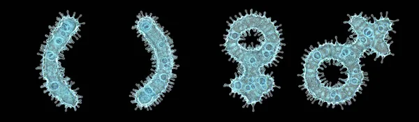 Alphabet made of virus isolated on black background. Symbol left and right parentheses, male, female. 3d rendering. Covid font
