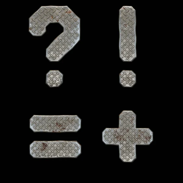 Set of symbols question mark, exclamation, equals mark, plus made of industrial metal on black background 3d
