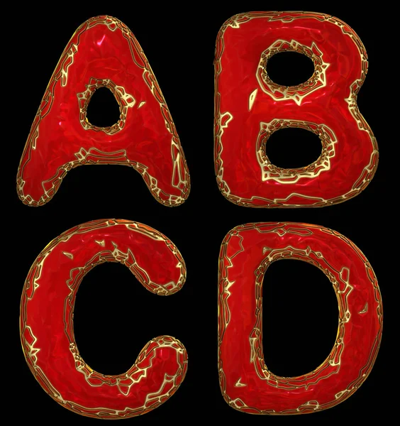 Realistic 3D letters set A, B, C, D made of gold shining metal letters.
