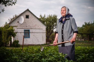 Eski Büyükanne Bahçe çiçekleri ile çalışır