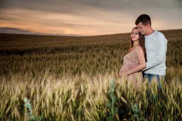 Junge Eltern Abend Auf Einem Weizenfeld — Stockfoto