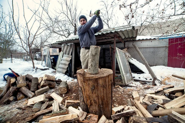 Lumberjack Chops Wood Stove House Cold Season — Stock Photo, Image