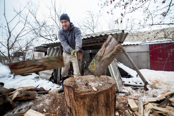 Lumberjack Chops Wood Stove House Cold Season — Stock Photo, Image