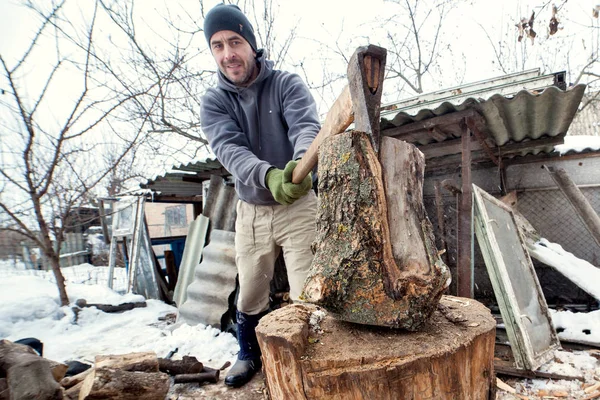 Lumberjack Chops Wood Stove House Cold Season — Stock Photo, Image