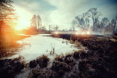 Orman yangını değil bankanın Nehri'nin Uzh, Korostensky district, Ukrayna çayırda