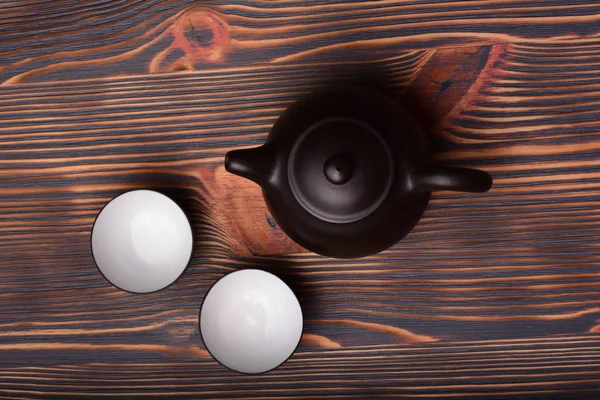 Top View Teapot Empty Cups Wooden Background — Stock Photo, Image