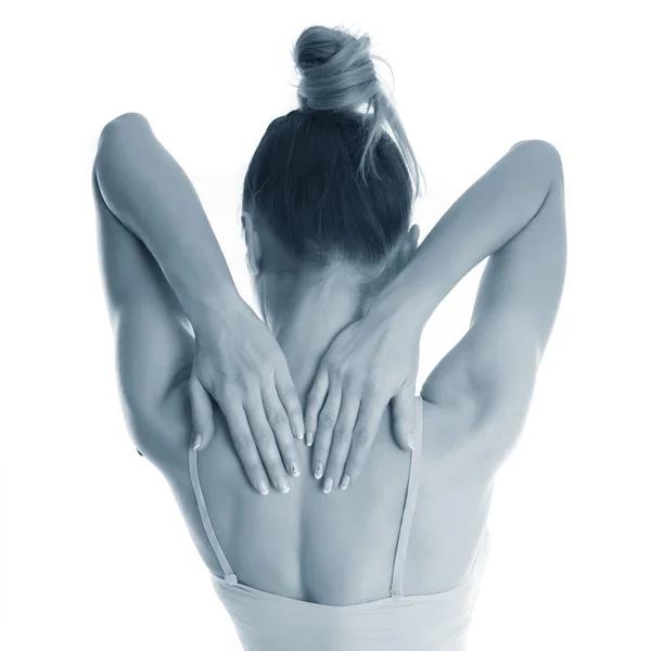 Black White Rear View Woman Touching Back Feeling Pain — Stock Photo, Image