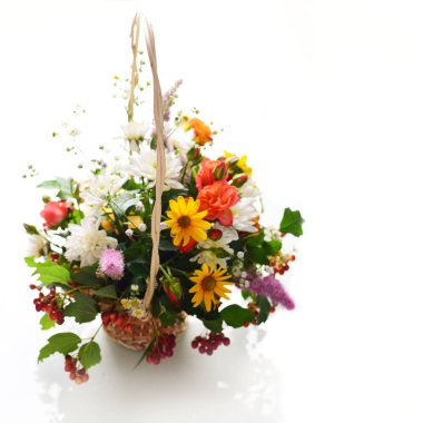 Hasır sepet beyaz arka plan üzerinde izole renkli çiçek çeşitleri