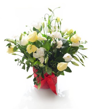 Taze beyaz arka plan üzerinde izole kırmızı kova içinde beyaz ve sarı eustomas buket