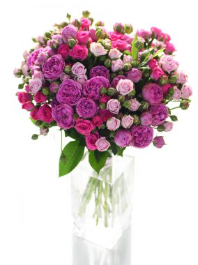 Pembe ve mor gül cam vazoda beyaz arka plan üzerinde izole çiçek kompozisyon