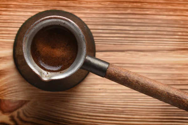 Top View Copper Turkish Coffee Pot Wooden Background Copy Space — Stock Fotó