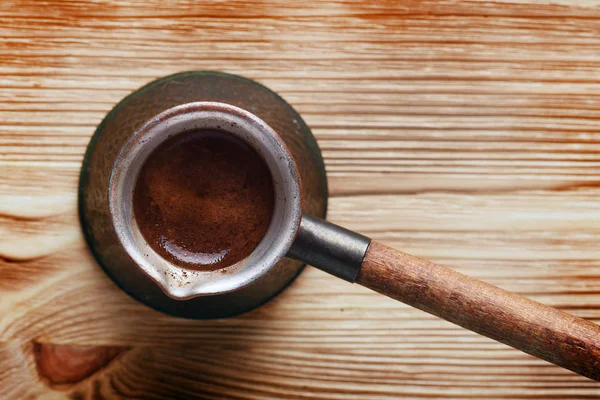 Top View Copper Turkish Coffee Pot Wooden Background Copy Space — Stock Fotó