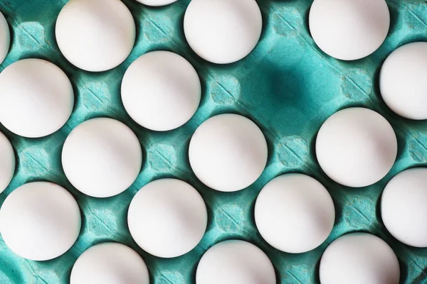 Белые Яйца Синей Картонной Коробке — стоковое фото