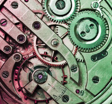 Cogwheels içinde en eski saat, makro çekim.