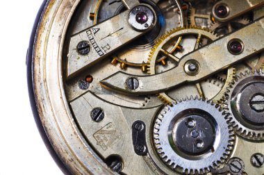 Cogwheels içinde en eski saat, makro çekim.