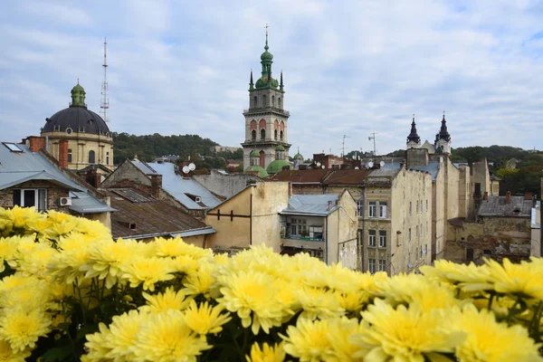 利沃夫的屋顶景观与黄色花卉前景 — 图库照片