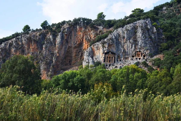 Slavné Lycijské Hrobky Starověkého Města Caunos Dalyan Turecko — Stock fotografie