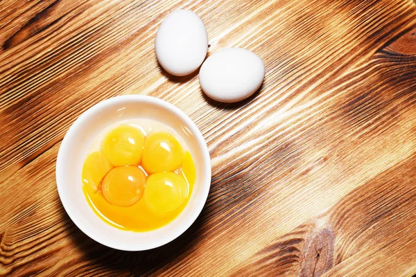 Fried Eggs Old Wooden Background Top View — Stock Photo, Image