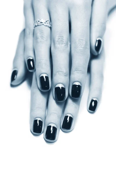 Mão Menina Com Unhas Manicure Preto — Fotografia de Stock