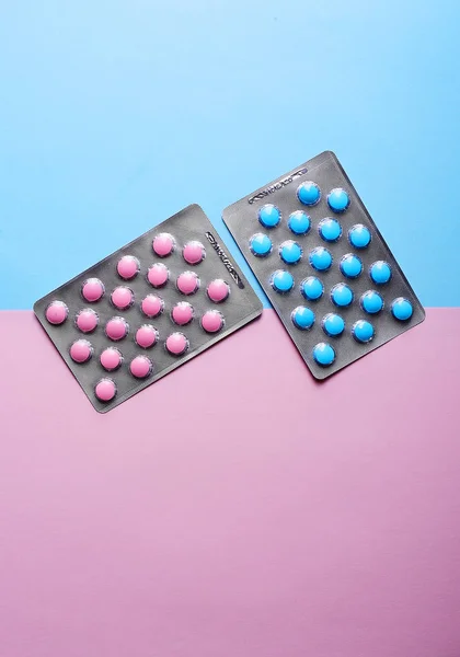 Pink Blue Tablets Pastel Background Copy Space — Stock Photo, Image