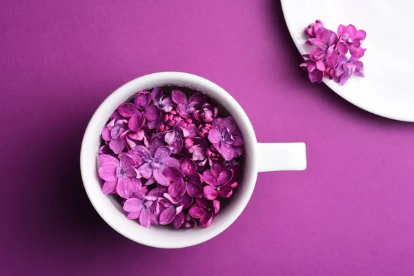 Bright Lilac Flowers Cup Plate — Stock Photo, Image