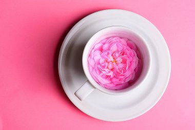 Tabak ile fincan parlak pembe çiçekler