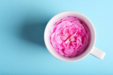 Tabak ile fincan parlak pembe çiçekler