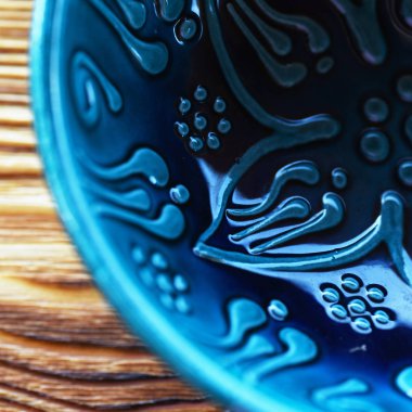 blue oriental bowlwith a pattern. macro