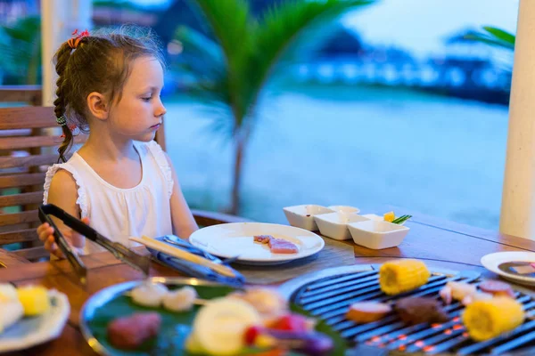 Cute Little Girl Having Dinner Outdoor Restaurant Summer Day — Stock Photo, Image