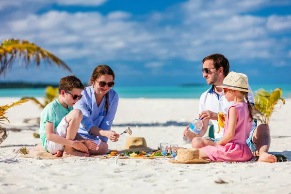 Happy Beautiful Family Tropical Beach Having Picnic Together — Stock Photo, Image