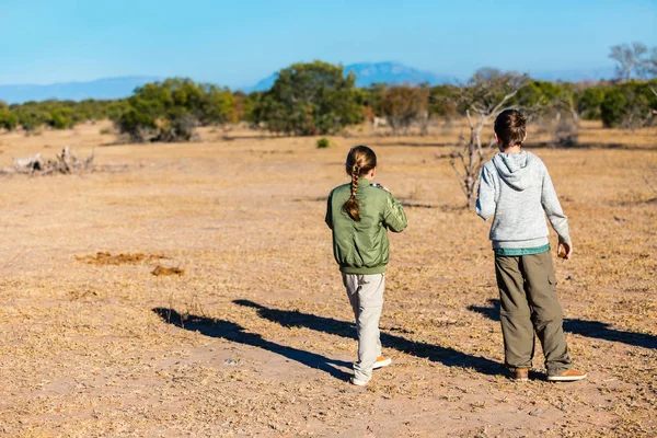 Çocuklar Kız Bush Manzarayı Afrika Safari Tatil — Stok fotoğraf