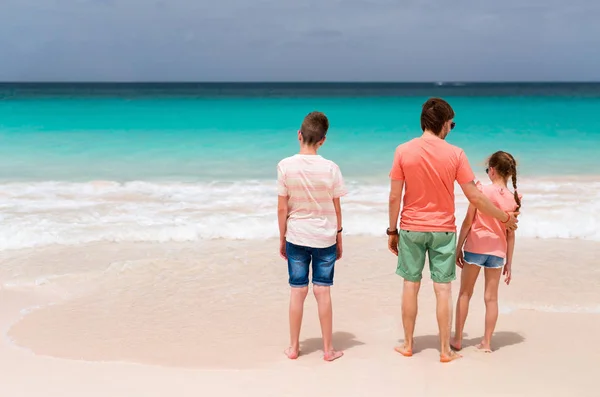 Achteraanzicht Van Vader Kinderen Strandvakantie Genieten Tropisch Eiland — Stockfoto
