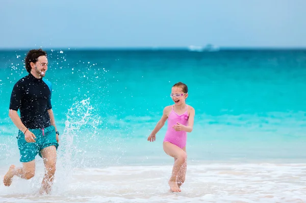 Father His Adorable Daughter Beach Having Fun Together — Stock Photo, Image