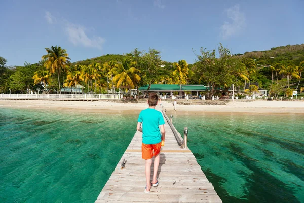 Teenage Boy Outdoors Summer Vacation Walking Jetty Tropical Island — Stock Photo, Image