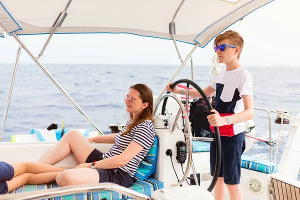 Family Mother Son Board Sailing Yacht Having Summer Travel Adventure — Stock Photo, Image